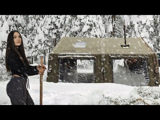 Winter Camp in Heavy Snowfall with air Hot tent in the woods | Living and Enjoying