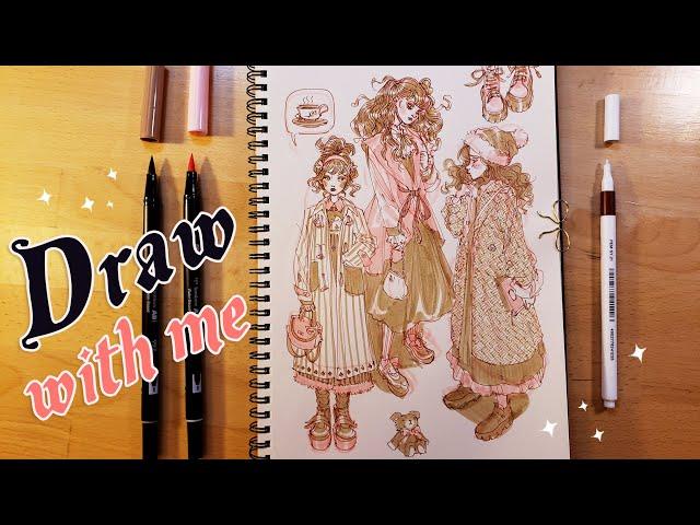  Filling a sketchbook page! // limited colorscheme winter fashion drawings - pen and markers