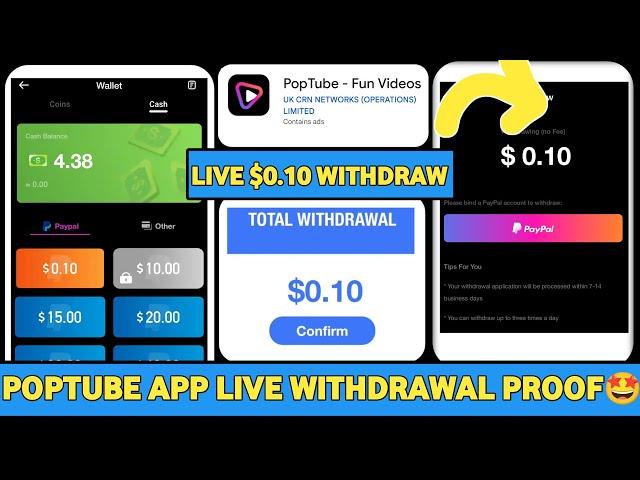 Poptube App Payment Proof॥Poptube App Live Withdrawal $0.10॥Paypal Earning Apps 2024