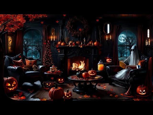 GHOSTLY RAVEN MANOR HALLOWEEN AMBIENCE-FIREPLACE-PUMPKINS-FALLING AUTUMN LEAVES-DANCING SKELETONS