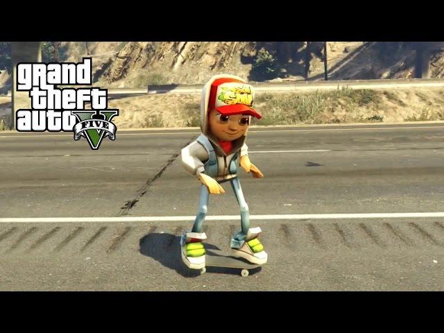 JAKE FROM SUBWAY SURFER w/ SKATEBOARDING!! (GTA 5 Mods)