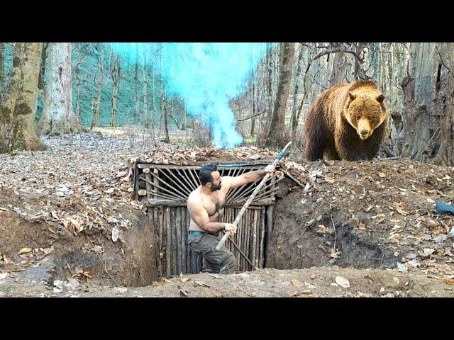 Escape from the brown bear  /building a  secret shelter deep the earth /scary night forest /cooking