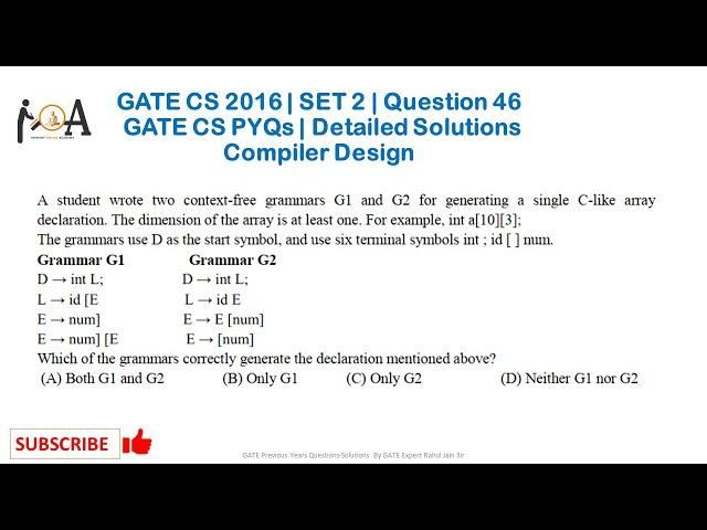 GATE CS 2016 | Set 2 - Question 46 | GATE CS Solutions | GATE CS PYQs | Compiler Design