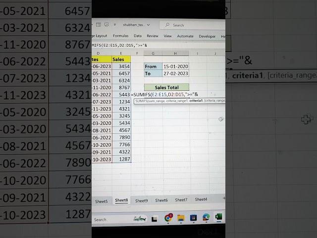 Find Sales Total Between Two Dates In Excel  | Excel SUMIFS Function  #shorts #exceltips #bytetech