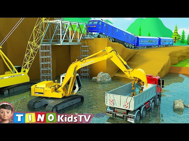 Excavator Crawler Crane and Construction Trucks for Kids | Railway Bridge Repair