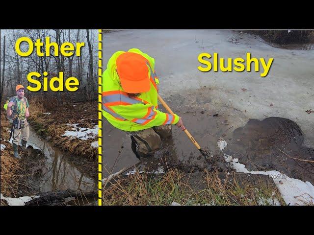 Unclogging Culvert And Removing Drainage Ditch Dam On A Cold Foggy Morning
