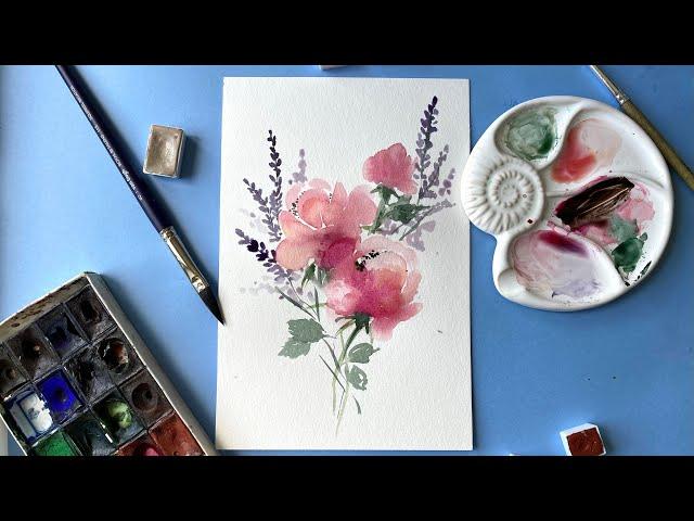 Как нарисовать цветы акварелью. Простые рисунки. Розы и лаванда / watercolor tutorial flower