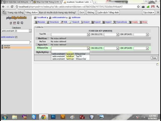 Create relation - Add constraint Foreign key on database in phpMyAdmin