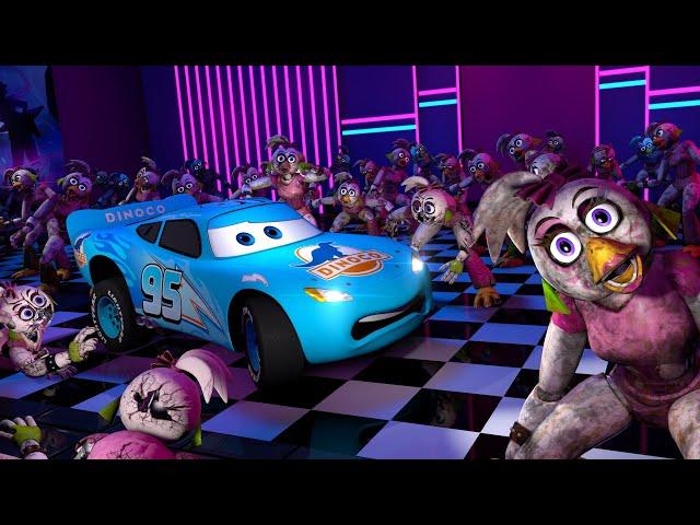 CARS DINOCO McQueen Vs 100 Glamrock Chica Endoskeletons | FNAF Security Breach (FNAFSB Animation)