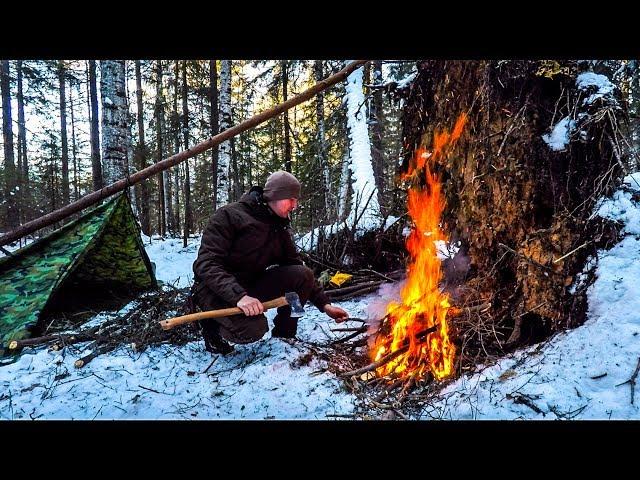 SOLO BUSHCRAFT OVERNIGHT - Camp in the woods, Easy shelter, Bushcraft cooking, Axe, etc.