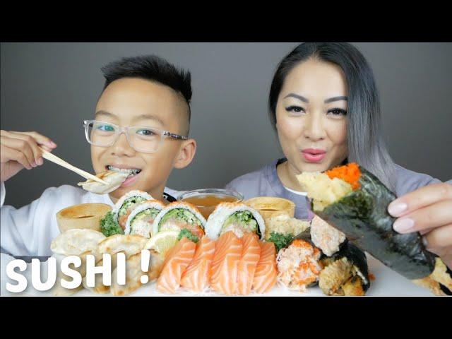 SUSHI House Roll, Salmon Sashimi & Sushi Cones Mukbang | N.E Let's Eat