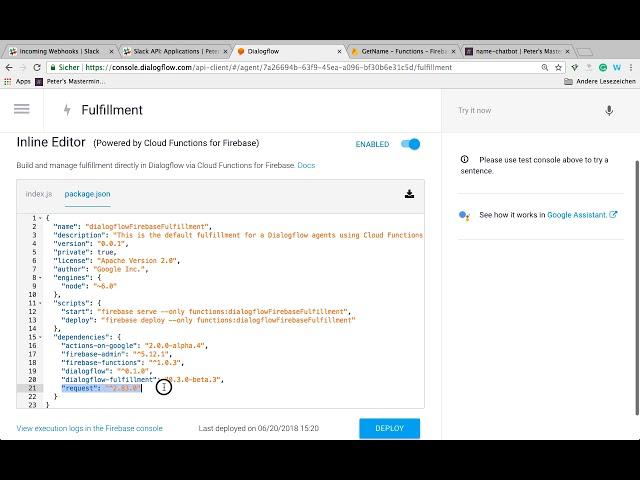 Dialogflow Chatbot - How to Trigger a Slack Message via Webhook from your Firebase Function
