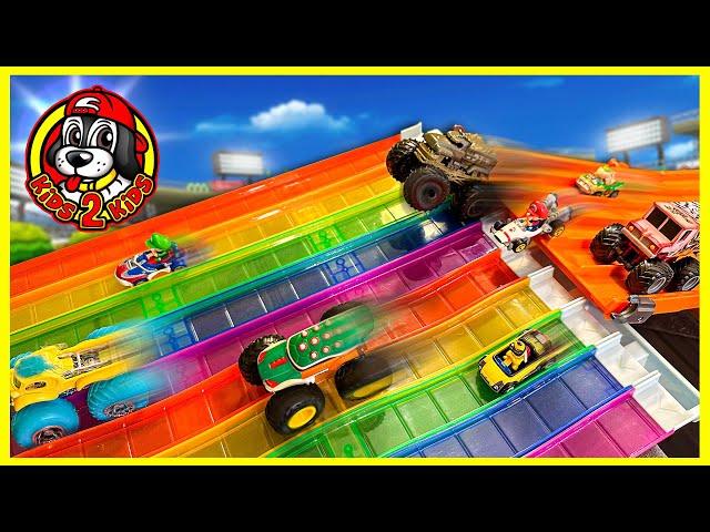 MONSTER TRUCKS VS RACE CARS  MARIO KART RAINBOW ROAD RACE