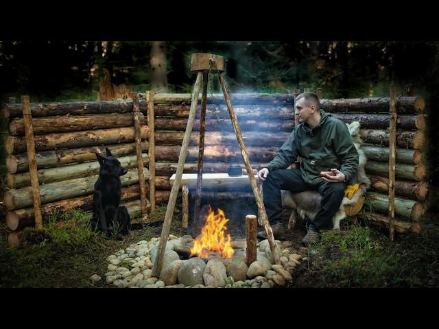 Coziest Bushcraft Campfire Place Near a Wild Forest Hut, Forest Furniture, Cooking in the Forest