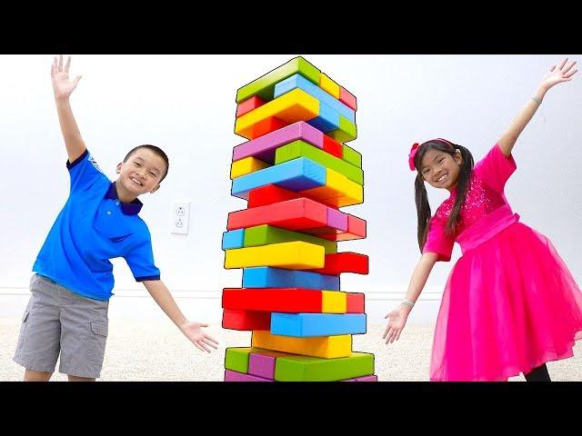 Emma & Andrew Pretend Play with Giant Colored Jenga Toy Blocks