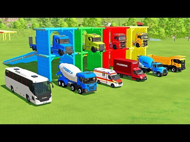 TRANSPORTING EXCAVATOR, MIXER TRUCK, BULLDOZER, POLICE CARS TO GARAGE WITH MAN TRUCK - FS22