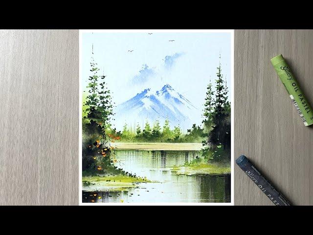 Simple oil pastel scenery with beautiful mountains