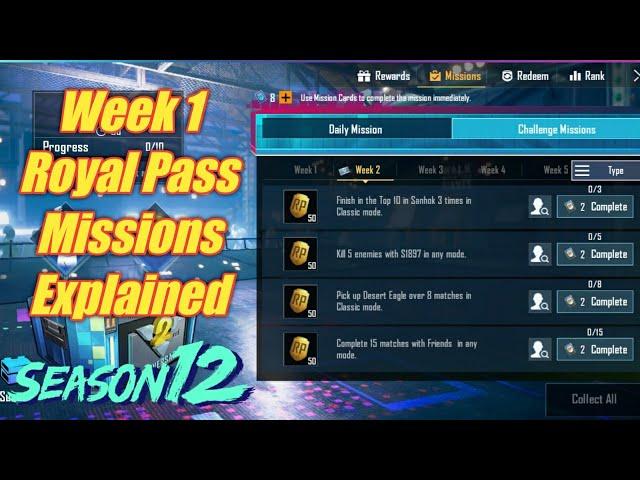 Season 12 Week 1 Royale Pass Missions Explained PUBG Mobile | Week 1 rp Missions Pubg Season 12