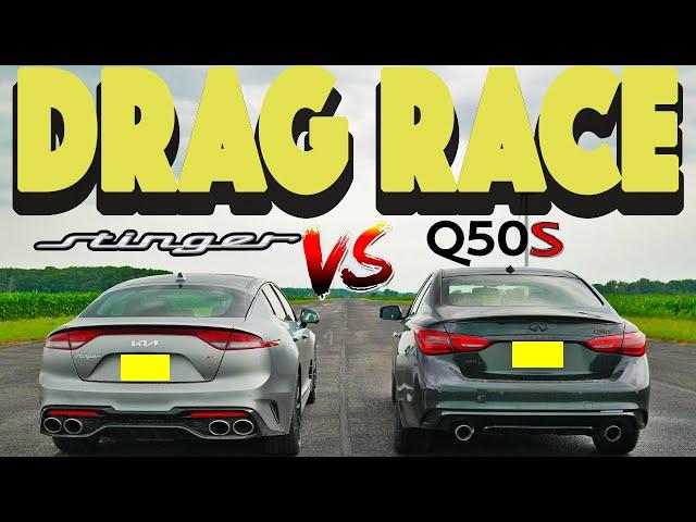 2023 Kia Stinger GT Tribute vs 2023 Infiniti Q50 RS Opal Edition, drag and roll race.