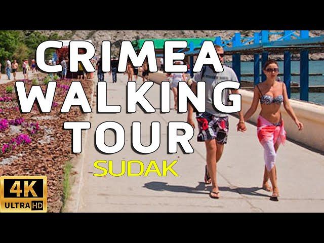 Walking tour Crimea Russia 4k beach. Walk along the embankment of the city of Sudak. Walking tour 4k