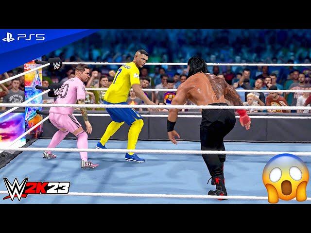 WWE 2K23 - Messi & Ronaldo vs. Roman Reigns & Brock Lesnar - Elimination Tag Team Match | 4K