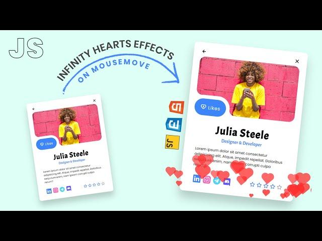 Profile Card with INFINITE Hearts Effects In Html CSS & JS | Javascript Hearts Effects