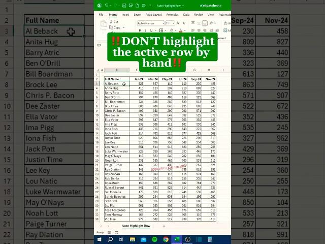 Don’t Highlight the Active Row By Hand ‼️ #shorts #computer #excel