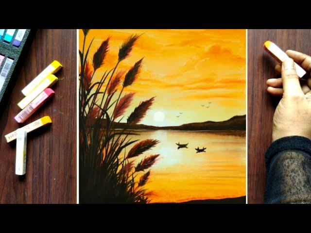 Easy and Beautiful Sunset Scenery for beginners - Soft Pastel Drawing/Painting - Sunset Painting