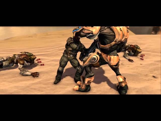 Sgt.Johnson hugging a elite Halo CE Legendary ending