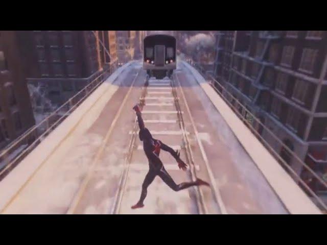 Spider-Man:  Miles Morales - gets hit by train - (Playstation 5) (Ray Tracing)