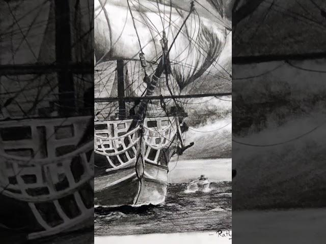 Charcoal Pencil Art. Pirate ship pencil art