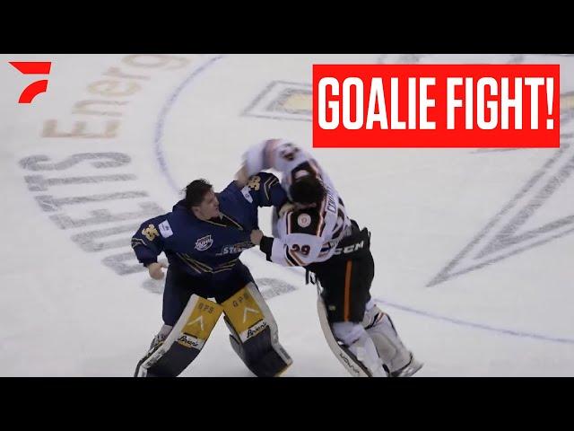 GOALIE FIGHT: AJHL Netminders Sean Cootes And Nicholas Jones Drop The Gloves At Center Ice