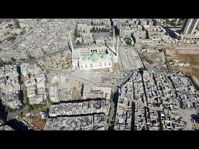 Drone footage of empty streets and destroyed city of Aleppo