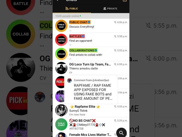 RAPFAME / RAP FAME APP EXPOSED FOR USING FAKE BOTS and FAKE AMOUNT OF PEOPLE USING CHAT.