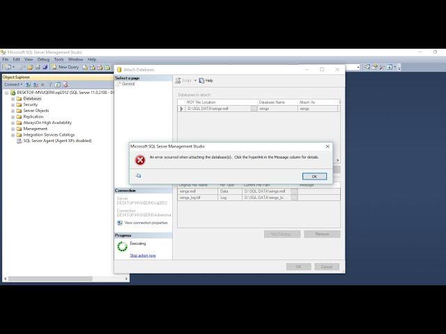 HOW TO ATTACH MDF FILE AND FIX AN ERROR OCCURED WHEN ATTACHING THE DATABASE IN MSSQLSERVER2012#HINDI