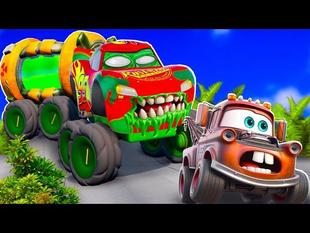 Big & Small:Tow Mater and Finn McMissile VS McQueen  zombie and City Bus ZOMBIE cars in BeamNG.drive