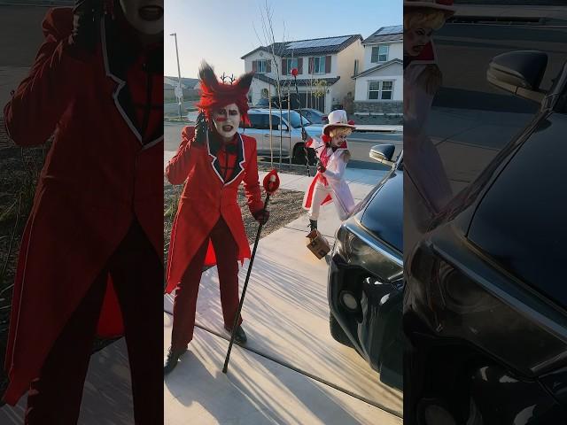 Dads to the rescue!  #alastor #lucifer #alastorcosplay #lucifercosplay #hazbinhotel #radioapple