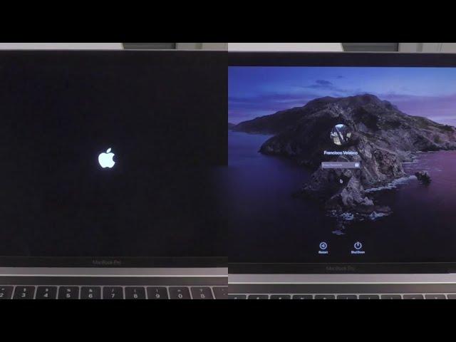 MacBook Pro 13-inch speed comparison "Big Sur" vs. "Catalina": Geekbench 5 and Boot sequence.