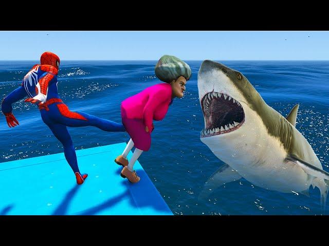 Spiderman and Scary Teacher Shark Battle in The Sea - Game Animation