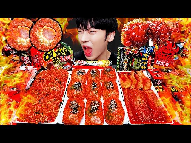 ASMR MUKBANG| spicy challenge!!! Fire noodles wrap, Chicken, Sausage.