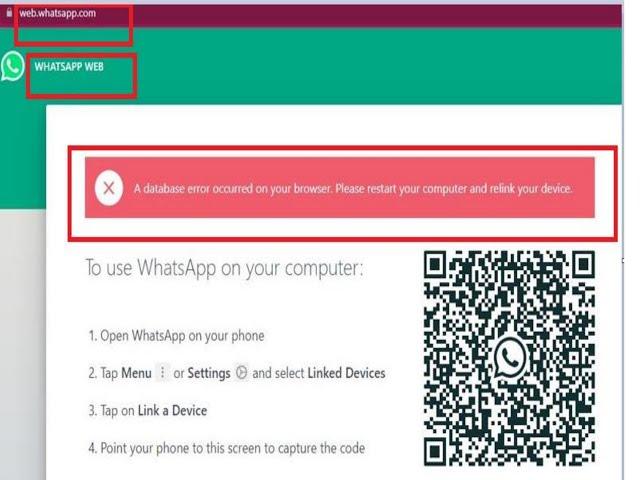 WhatsApp Web doesn't work on my Windows PC showing database error occurred on your browser