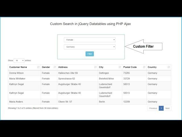 Custom Search in jQuery Datatables using PHP Ajax