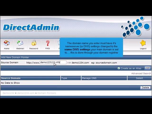 16) How to create a Domain Pointer in Direct Admin