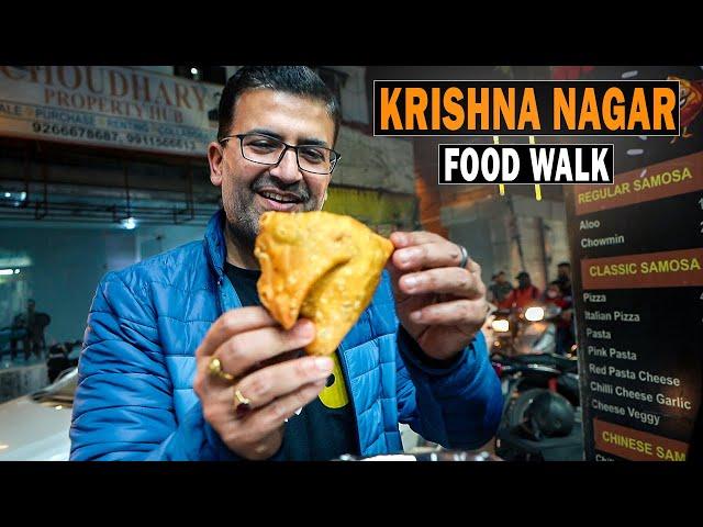 East Delhi Krishna Nagar Veg Food Walk I Desi Style Hot Dog + PAAN SAMOSA + Soya Bhurji Momo + Kebab