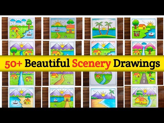 Scenery Drawing / How To Draw Beautiful Landscape Scenery / Scenery Drawing Ideas / Village Scenery