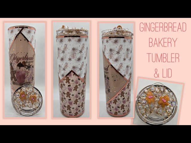 Pink and Gold Winter Gingerbread Bakery Epoxy Tumbler with Decorated Lid