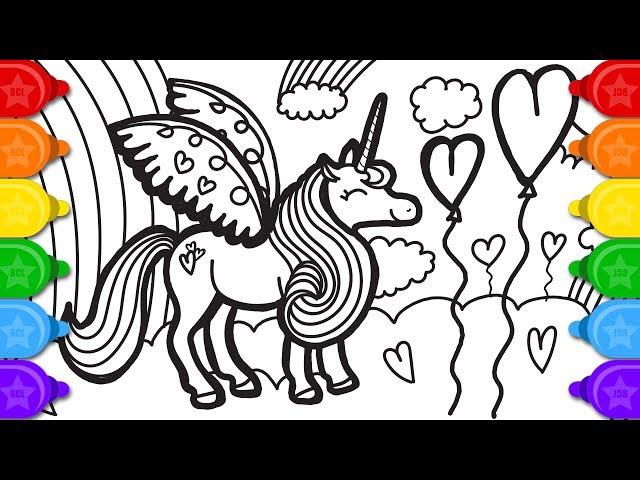 Glitter party unicorn coloring page and drawing | How to draw a glitter party unicorn coloring page