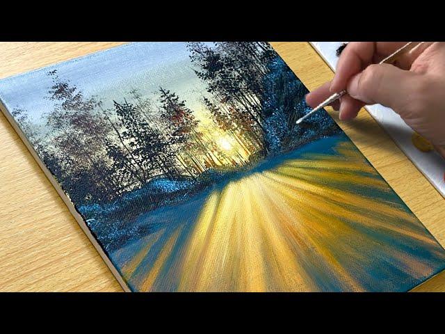 How to Draw Winter Sunset / Acrylic Painting for Beginners