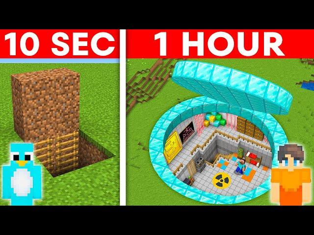 10 Seconds vs 1 Hour - Secret Bunker House Build Challenge in Minecraft