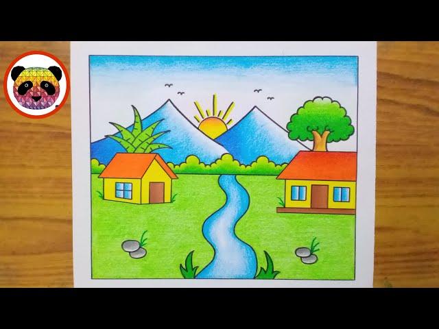 Scenery Drawing / How to Draw Beautiful Landscape Scenery / Village Scenery Drawing Easy / Scenery